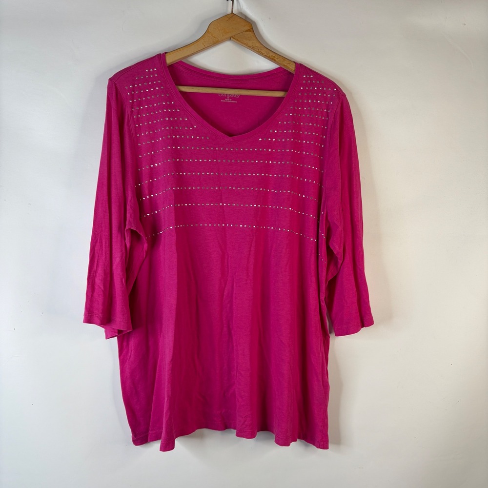 Catherines T-Shirt Women 1X Pink Studded V-Neck 3/4 Sleeve Plus Size Top